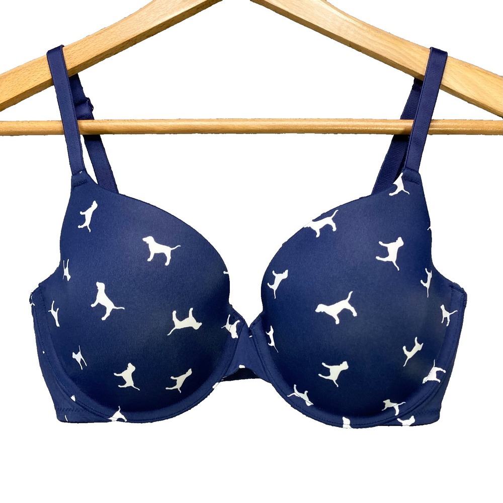 Victoria Secret Wear Everywhere Lightly Lined Women Bra 32DD Navy Blue Dog Print
